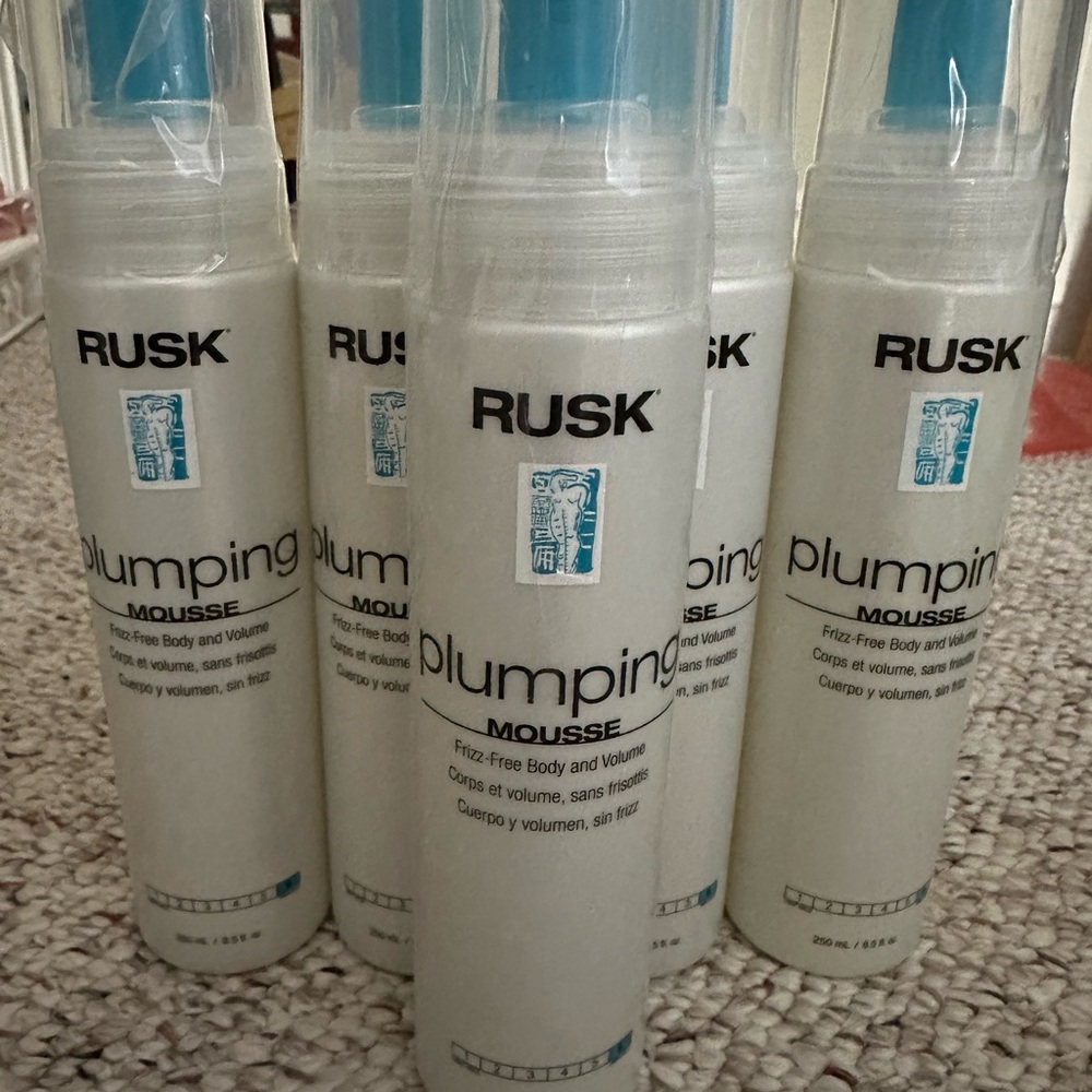 Brand new, never opened Rusk Plumping Mousse, lot of 5 bottles—8.5 ounces each